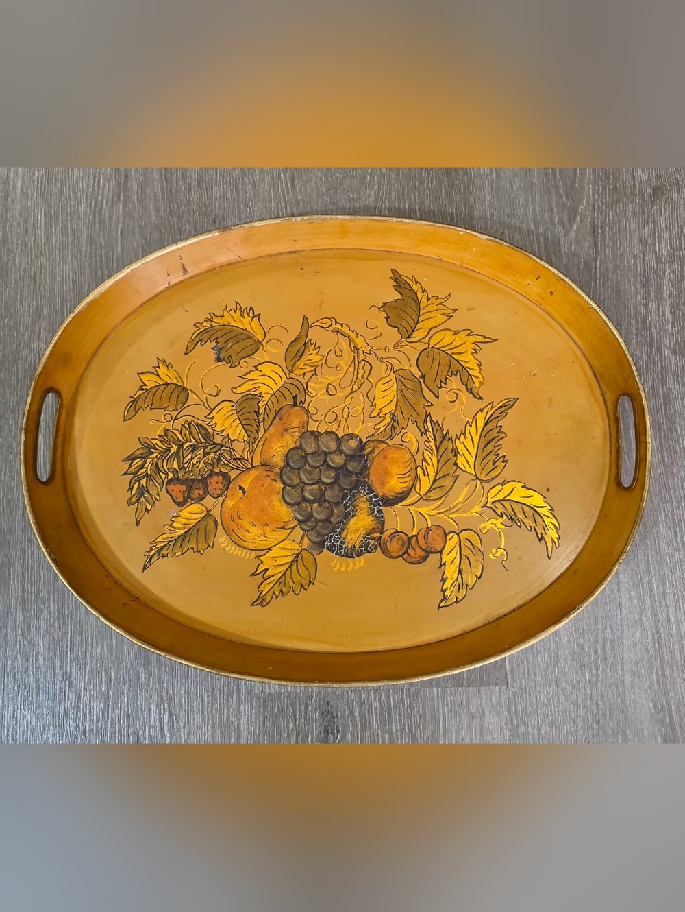 Vintage 1956 Hand Painted Metal Tray Signed Fruit Tole Mid Century